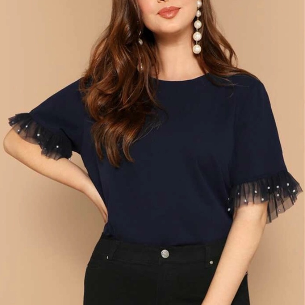 Shein - Layered Lace Cuff With Pearl On sleeve Top
